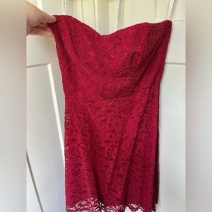 Wine colored strapless lace David’s Bridal dress